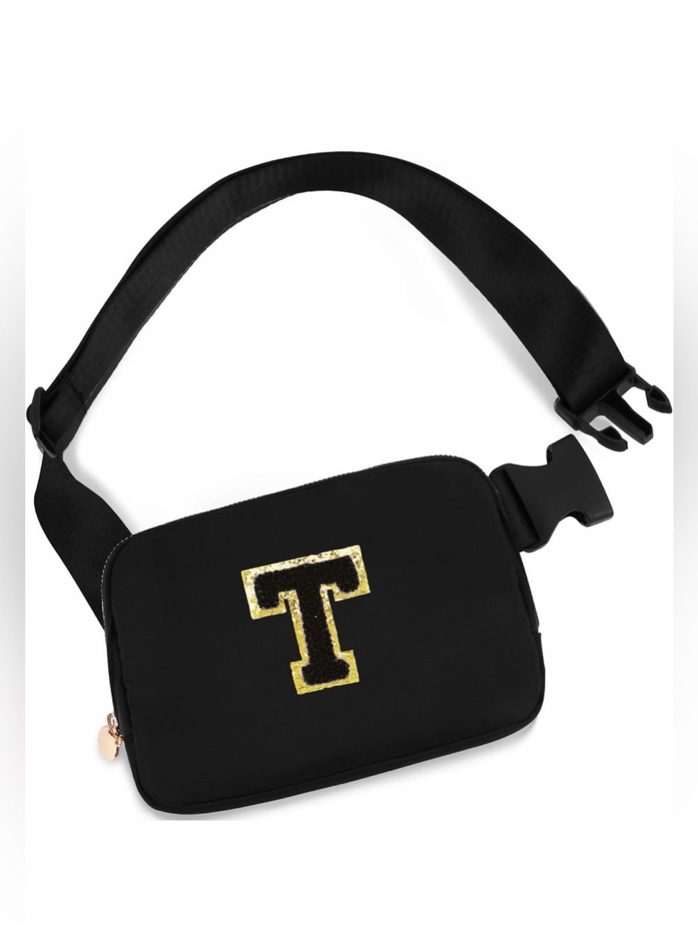 Black Crossbody Belt Bag with Black Chenille T Accent